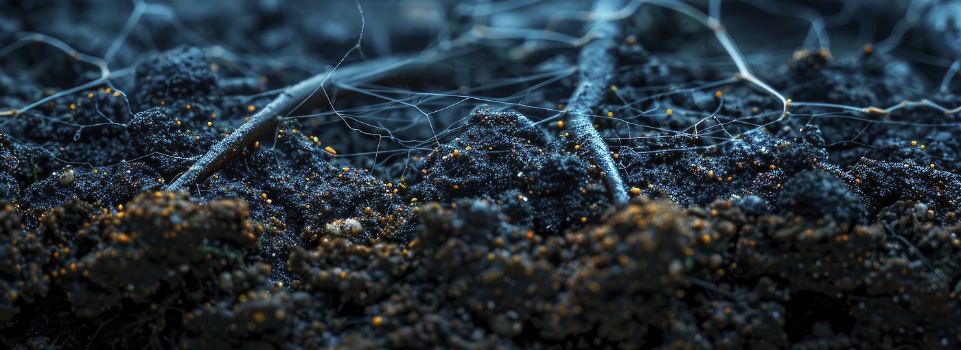 Close up of a fungal network under the soil, capturing the unseen communication between plants.