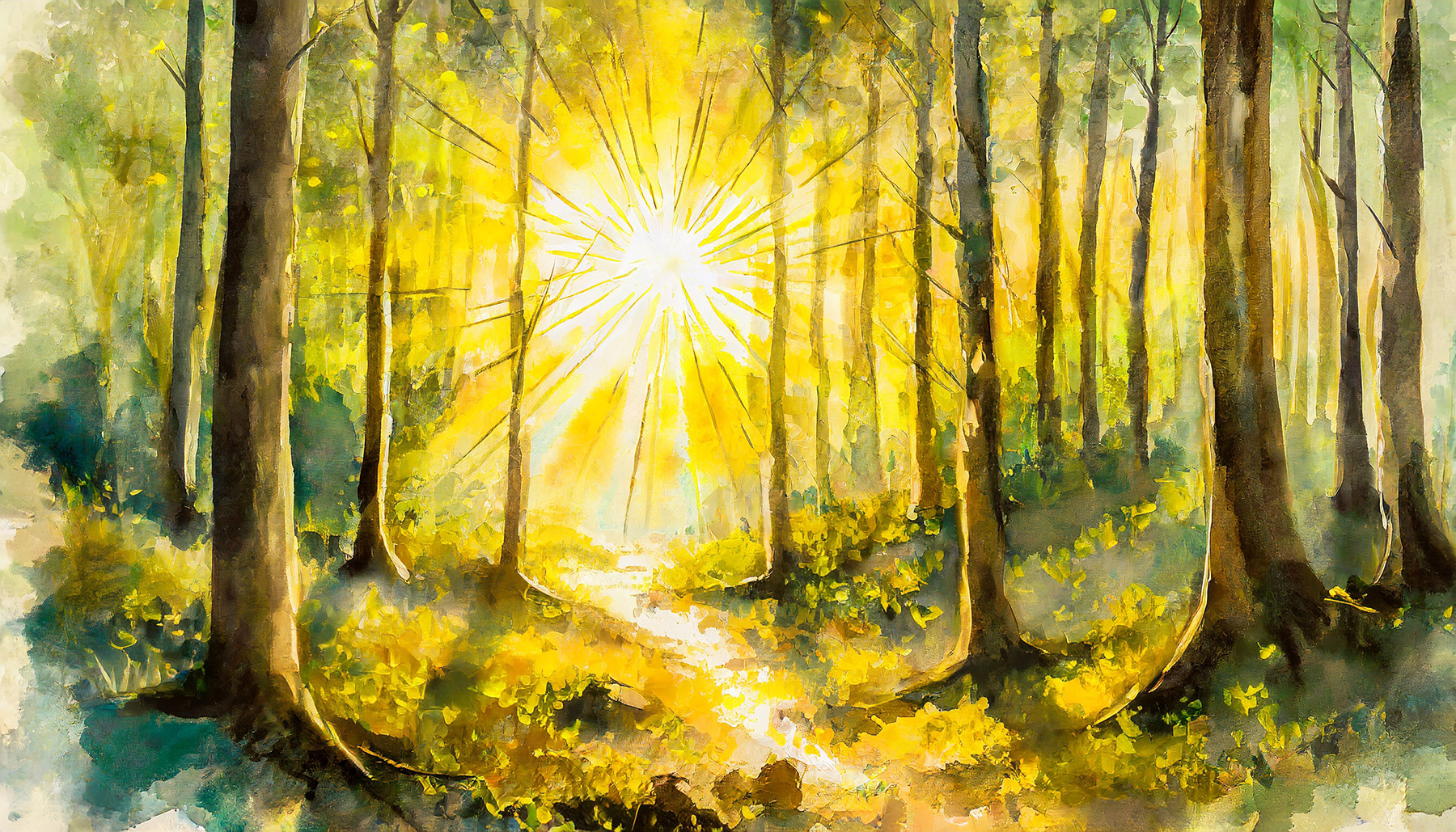 WatercolorPainting_sun-bursting-through_forest_spring_1800px
